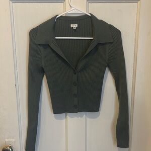 Aerie Ribbed Button-Up Top in Dark Green